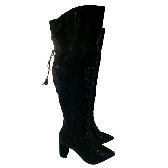 NWOT! SHOEDAZZLE! BLACK W/SUBTLE SNAKESKIN OVER KNEE VEGAN SUEDE BOOTS! SZ 9.5 - Picture 1 of 11